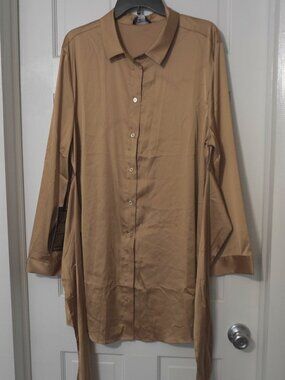 Bebe Charmeuse Long Sleeve Waist Tie Macchiato Satin Shirt Dress Size XXL